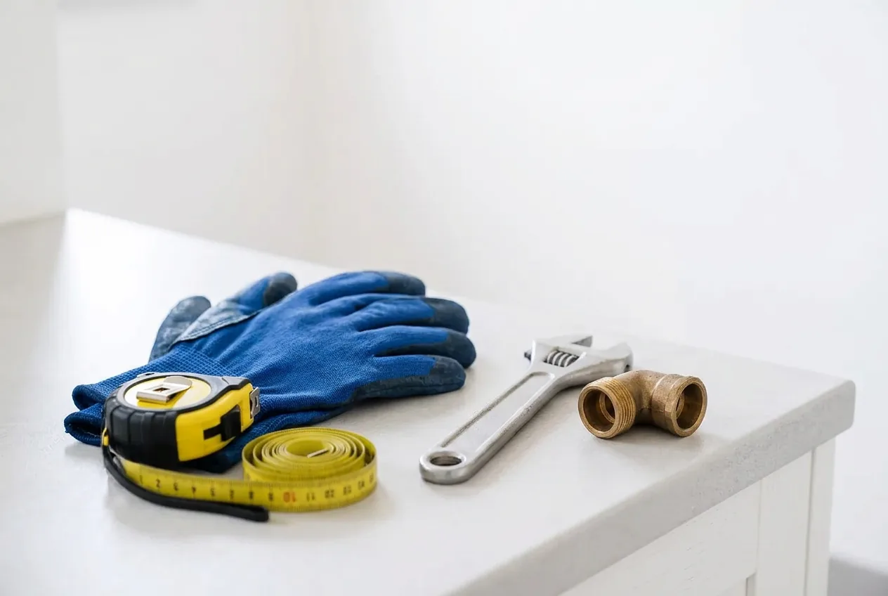 Handwerksdetail mit Arbeitshandschuhen, Werkzeug und Messingfitting