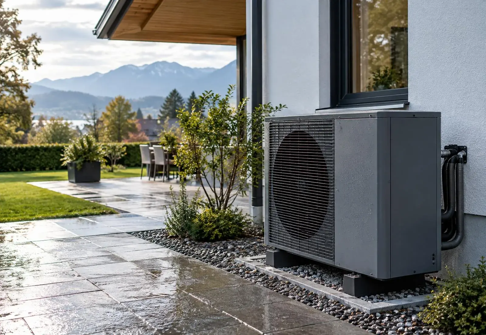Modern installierte Wärmepumpe an einem Wohnhaus