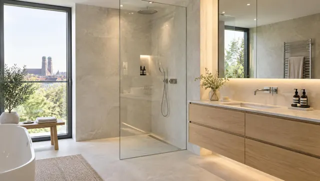 Helles Badezimmer mit bodengleicher Dusche