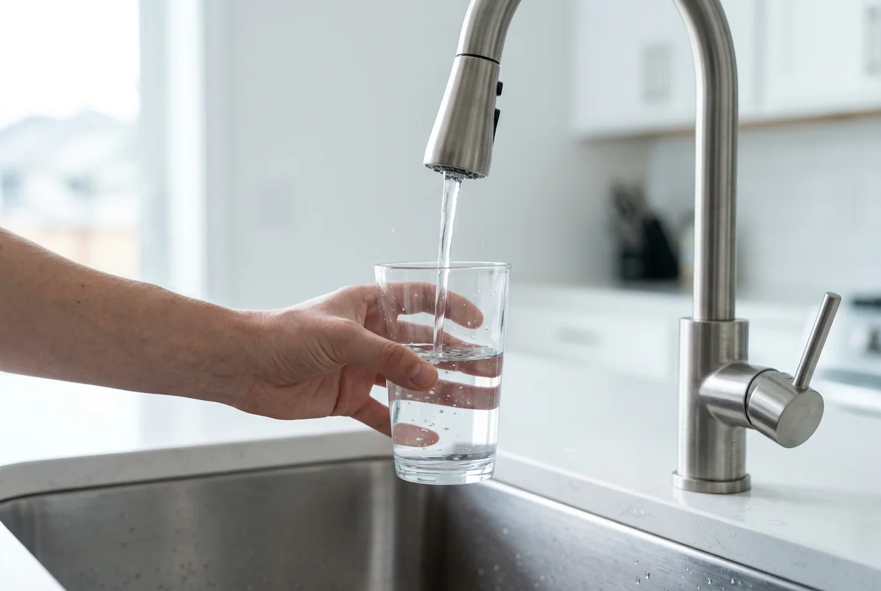 Frisches Trinkwasser wird an einer Küchenarmatur in ein Glas gefüllt